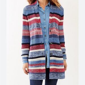 J. Jill Red White Blue Striped 3 Button Cardigan Size Small Petite